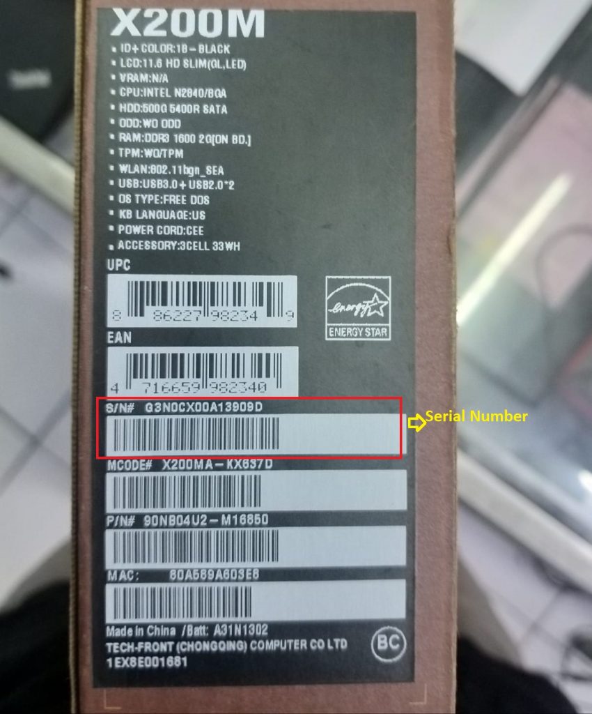 Serial number pada kardus Asus